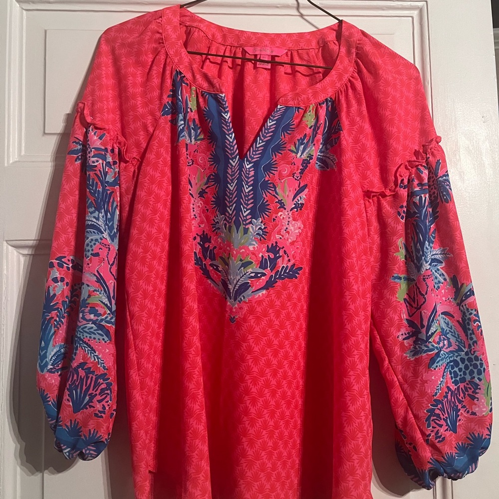 Lilly Pulitzer Coral-Pink Floral Embroidered Peasant Blouse